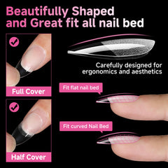 UNA GELLA almond tips with thin back edge for natural fit.