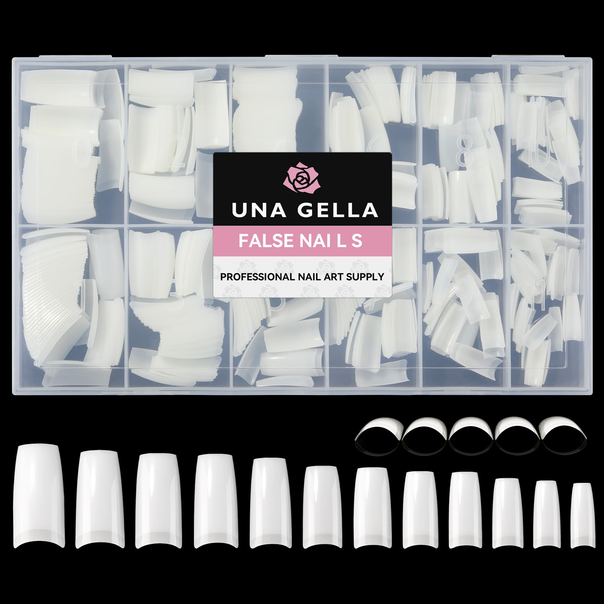 UNA GELLA white half-cover nail tips packaging shows 504-piece set for quick at-home nails
