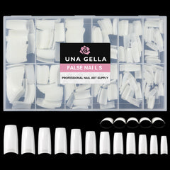 UNA GELLA white half-cover nail tips packaging shows 504-piece set for quick at-home nails
