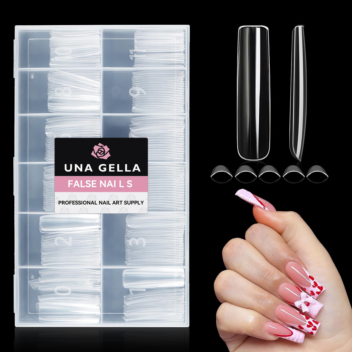 UNA GELLA long square tips on a hand reveal extended elegant nails.