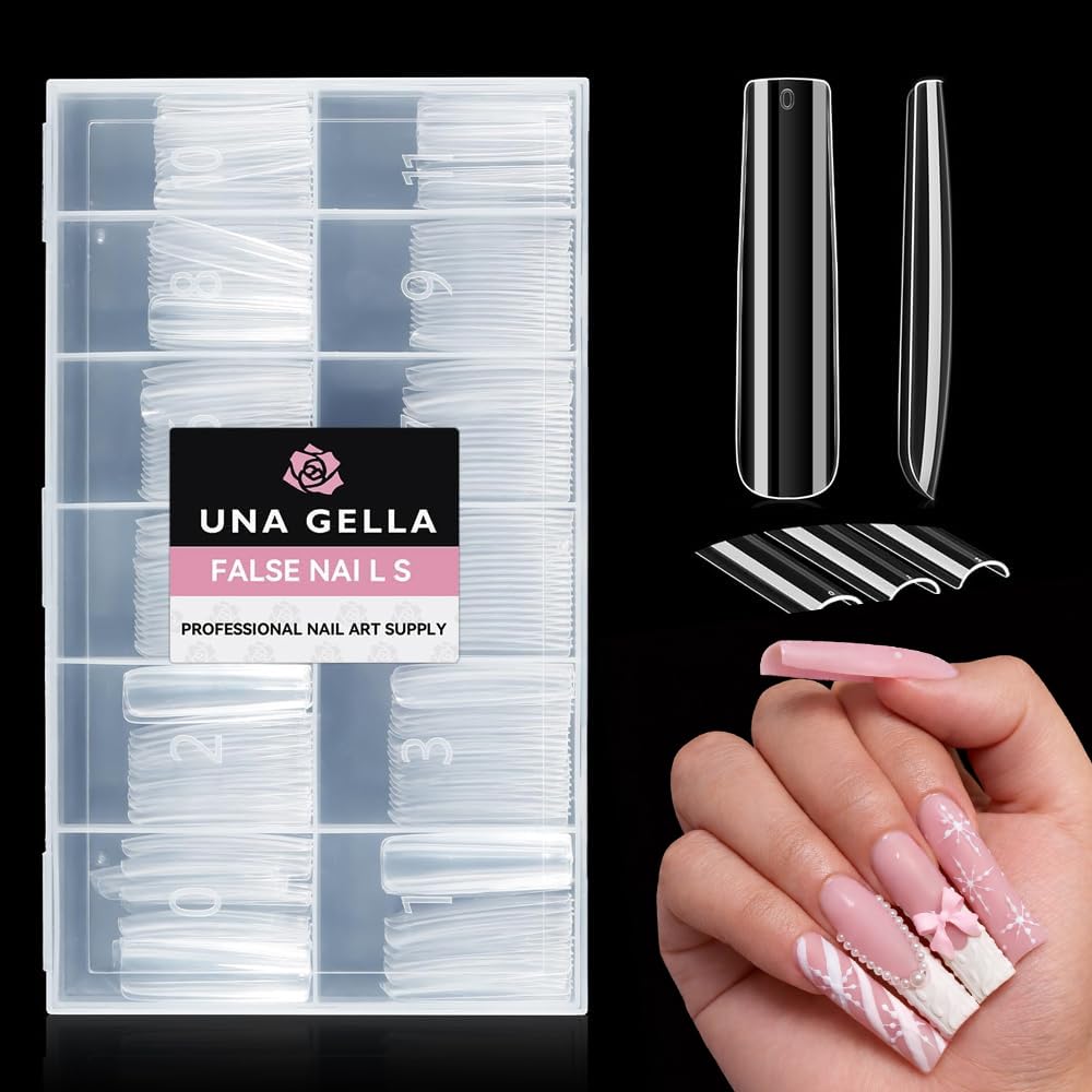 UNA GELLA XXL long square nail tips pack laid out for easy selection and mess-free manicure.