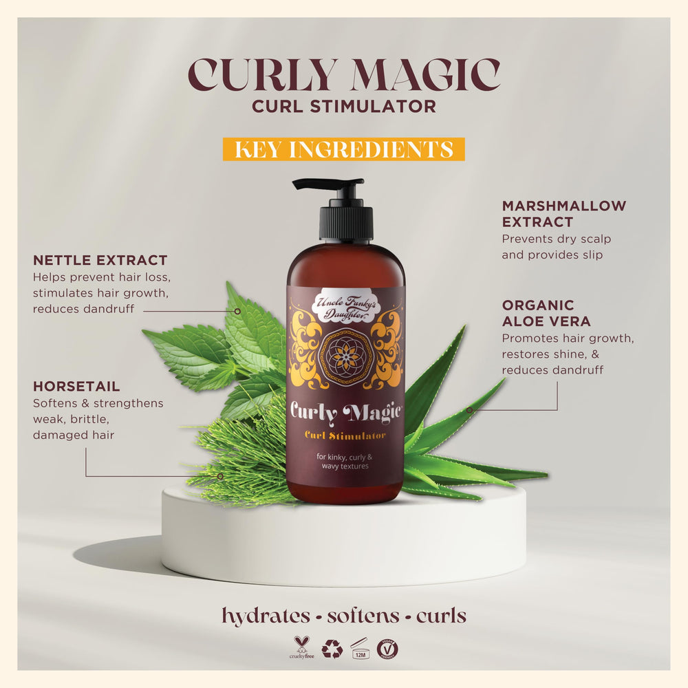 Uncle Funky's Daughter Curly Magic Stimulator moisture-boosted finish on waves