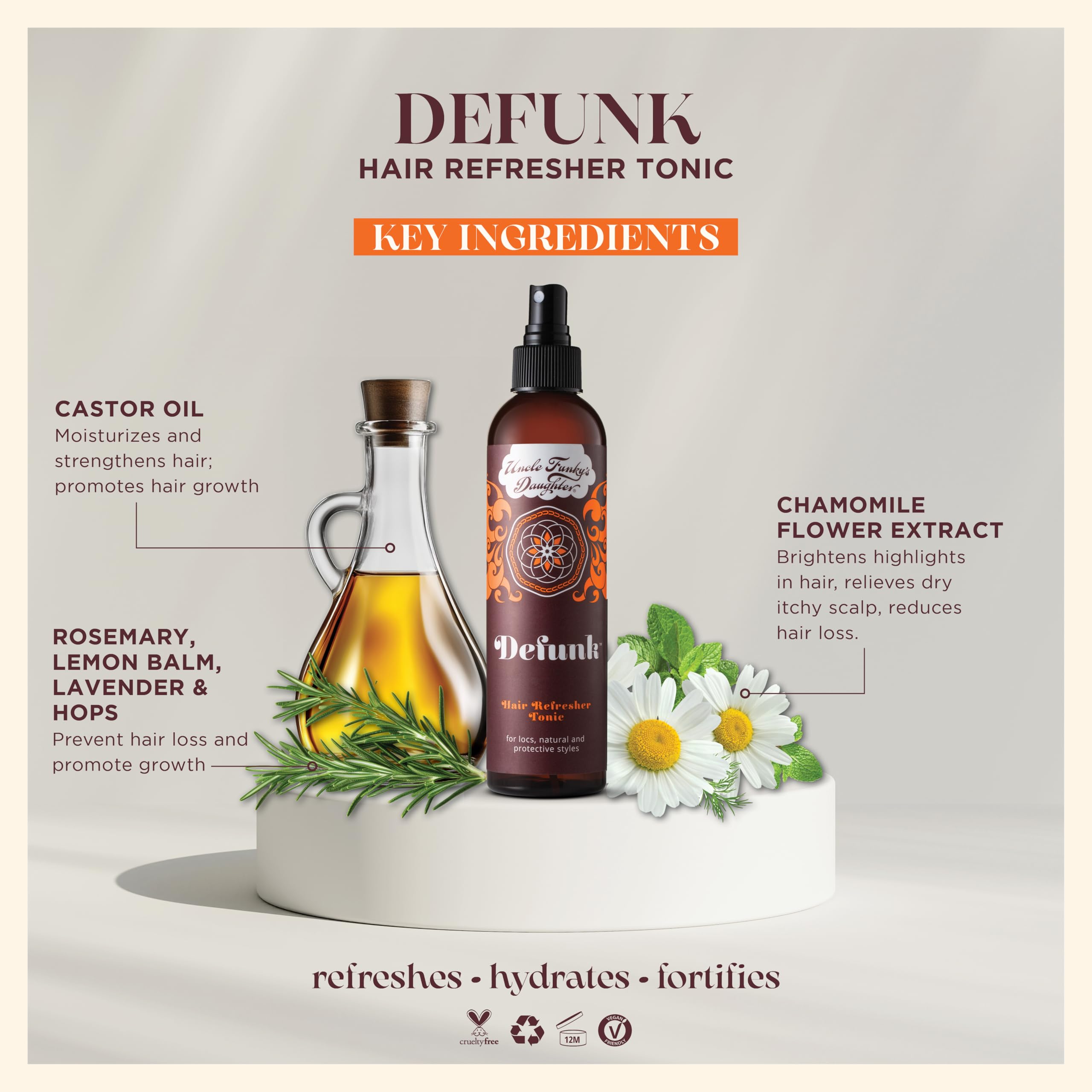Close-up of Uncle Funky's Daughter Defunk label highlighting plant extracts.