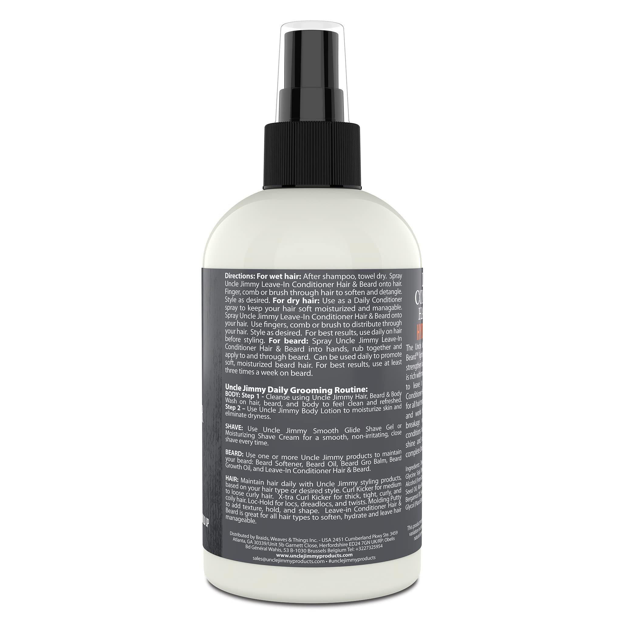 Uncle Jimmy Leave-In Conditioner showcases blackseed oil and honey for nourishment.