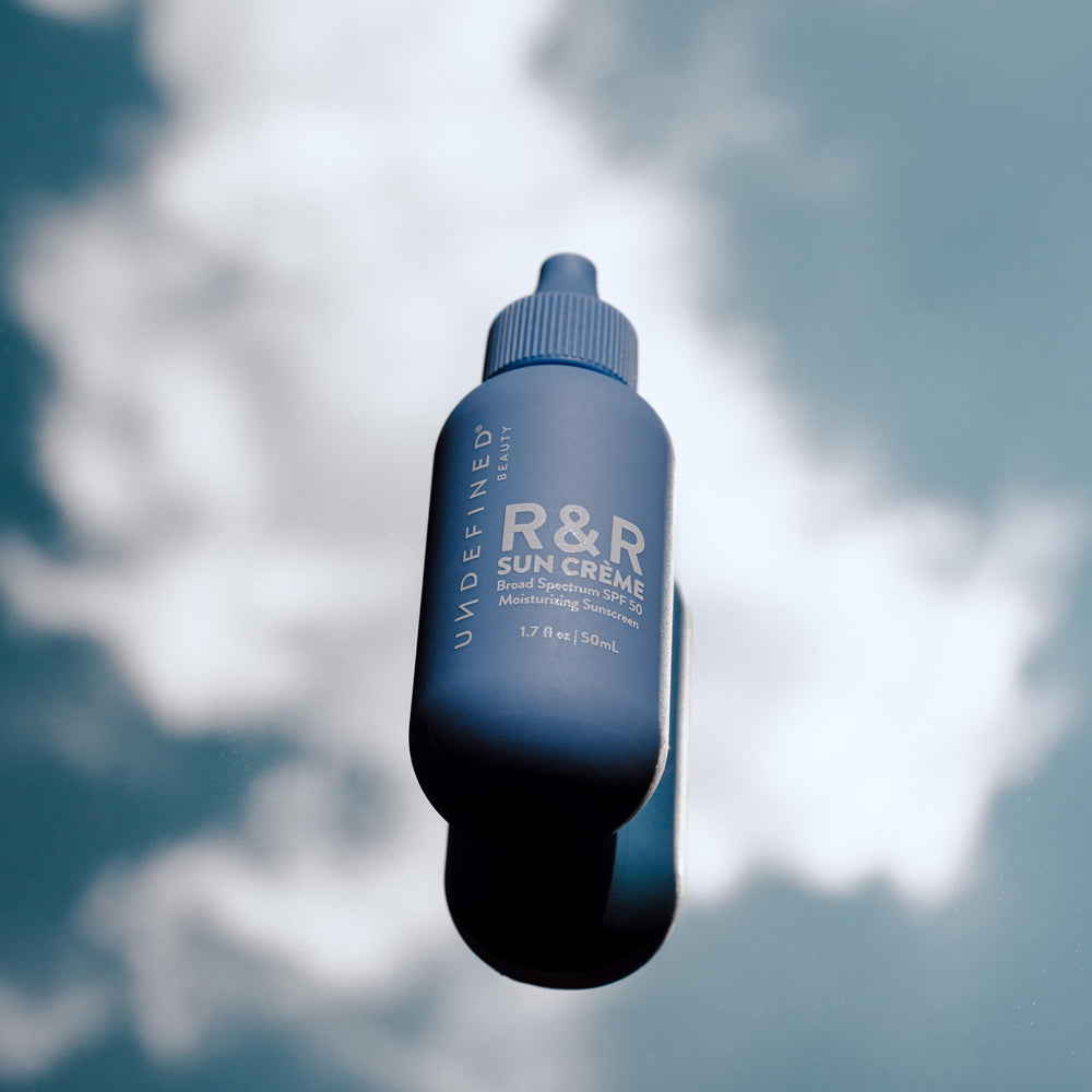 Undefined Beauty R&R Sun Crème SPF 50 swatch under makeup scenario for light coverage.