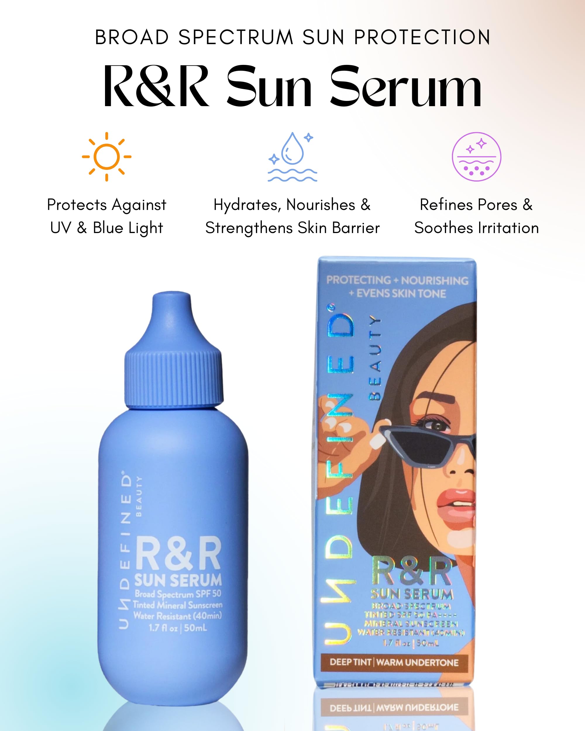 Texture swatch of Undefined Beauty R&R Sun Serum Deep Tint showing natural skin blur finish