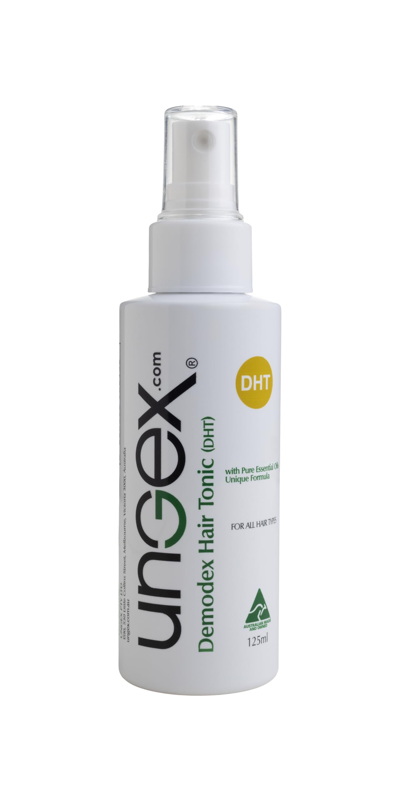 Application shot of Ungex Demodex Hair Tonic ready for scalp spray.