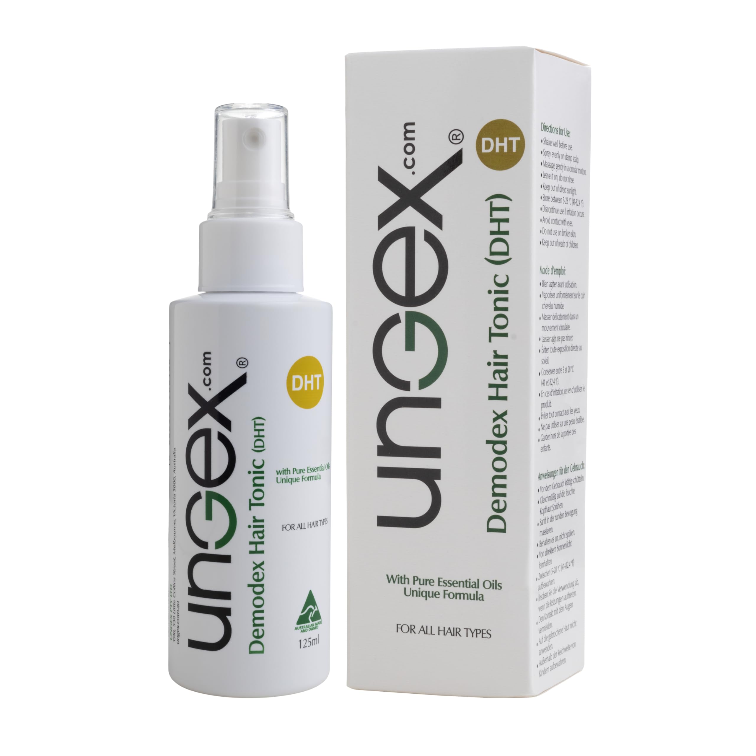 Ungex Demodex Hair Tonic bottle showcasing natural herbal formula for scalp refreshment.