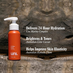 Uni 24 Hour Serum texture swatch shows lightweight, fast-absorbing formula.