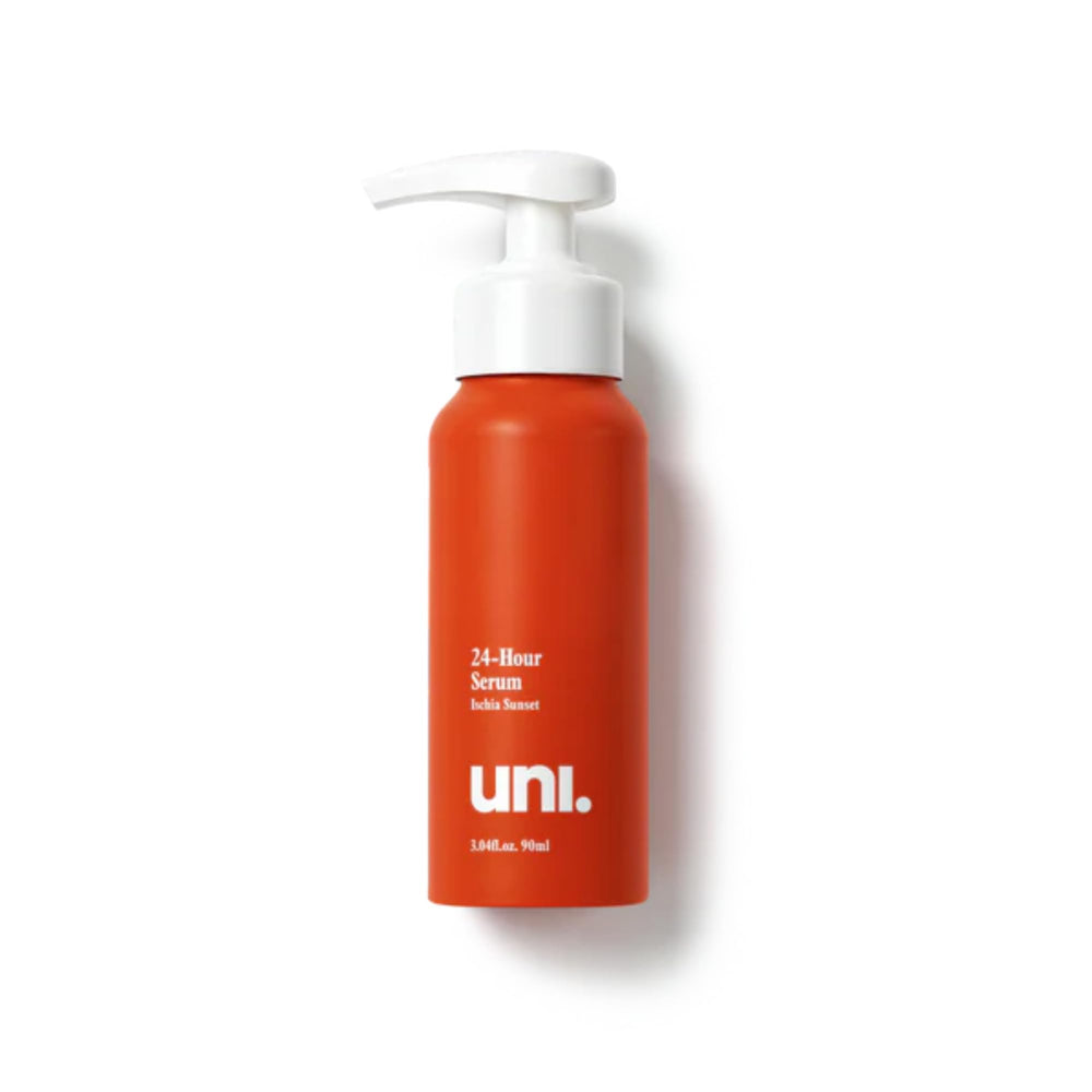Uni 24 Hour Serum travel bottle close-up with hydration-ready packaging.