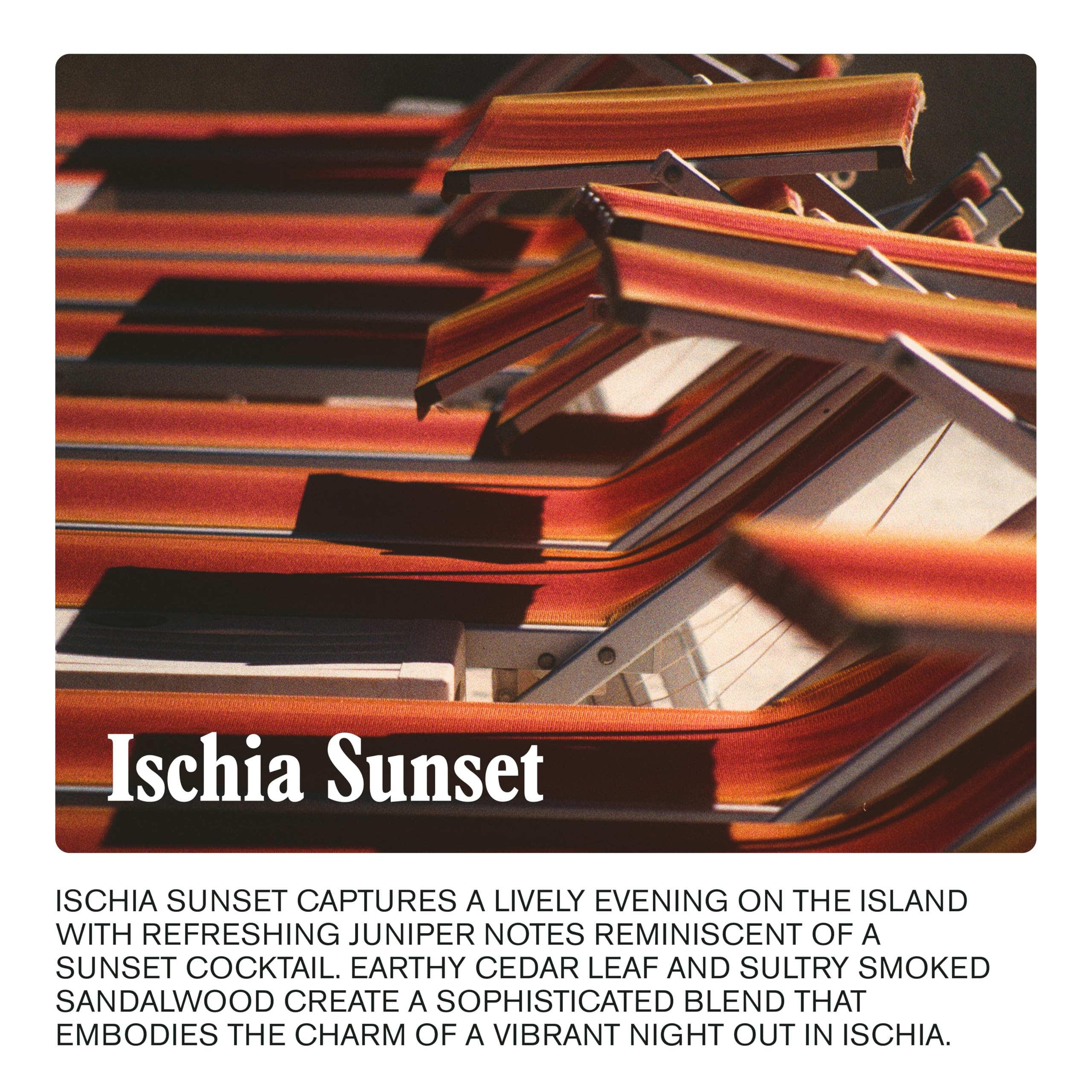 uni. Ischia Sunset scent with cedarwood notes for a unisex aroma.