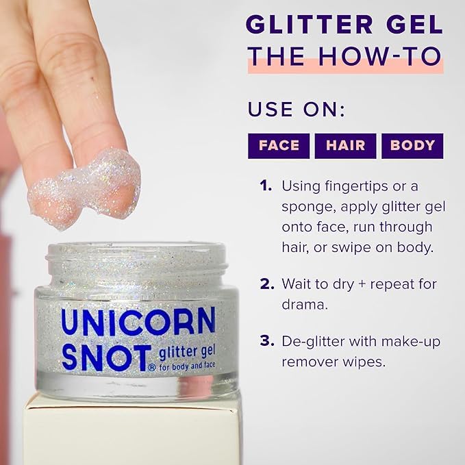UNICORN SNOT Glitter Gel applied to hair adds shimmering color.