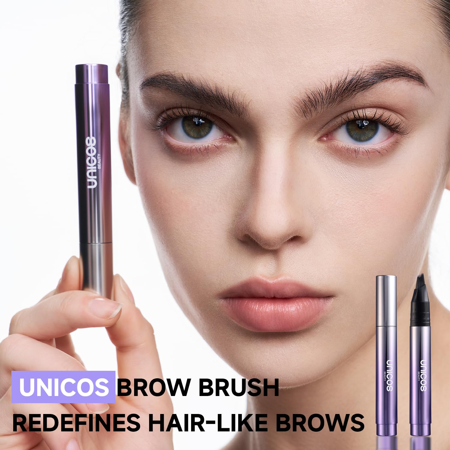 Unicos eyebrow pen creates hair-like strokes for realistic brow definition.