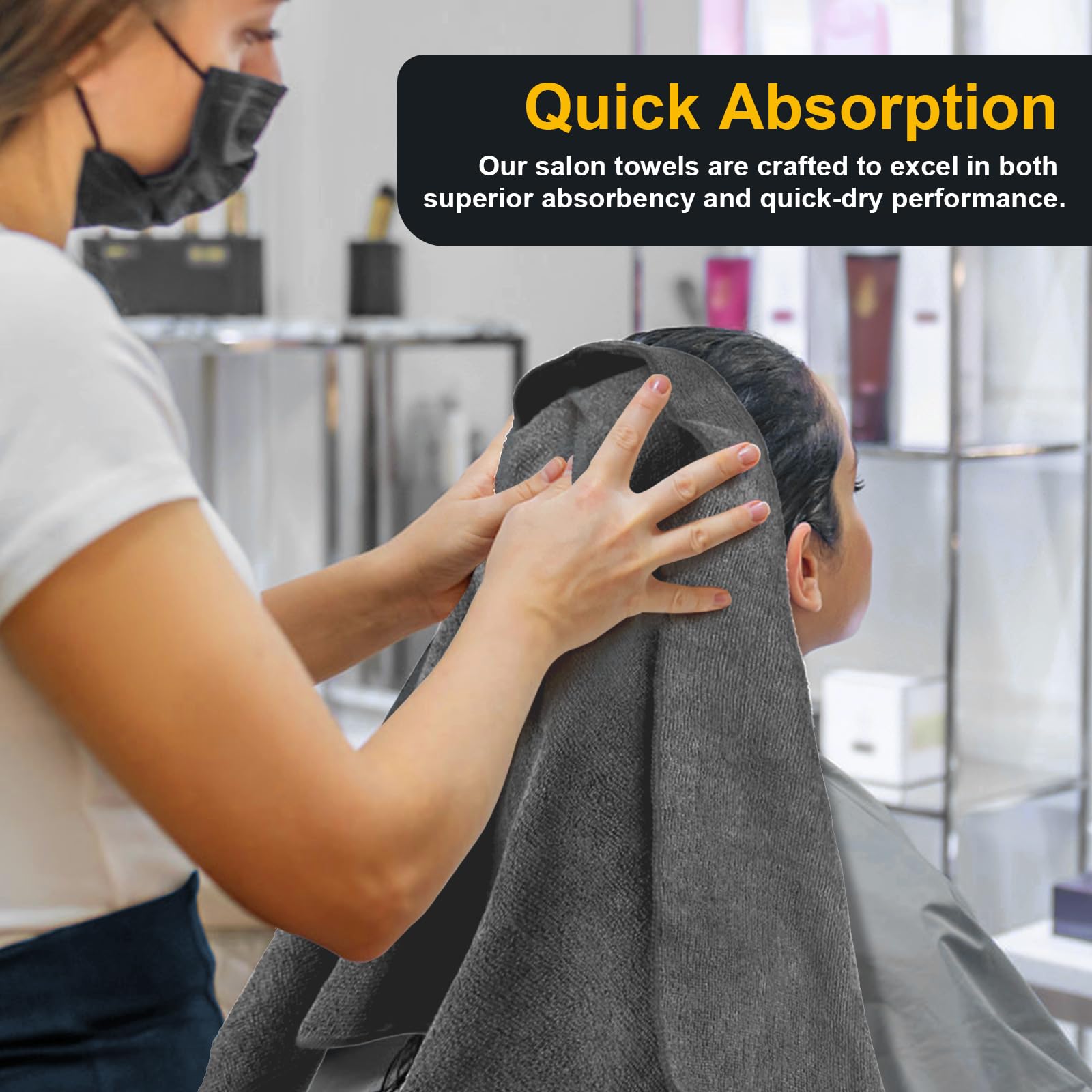 UNIMADE salon towels gray being used to dry hair quickly in a spa setting