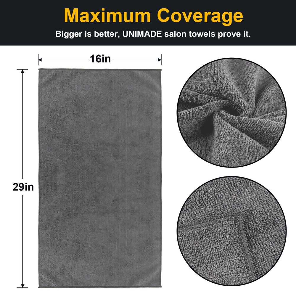 UNIMADE salon towels 24 pack gray stacked neatly, ready for rapid drying between clients