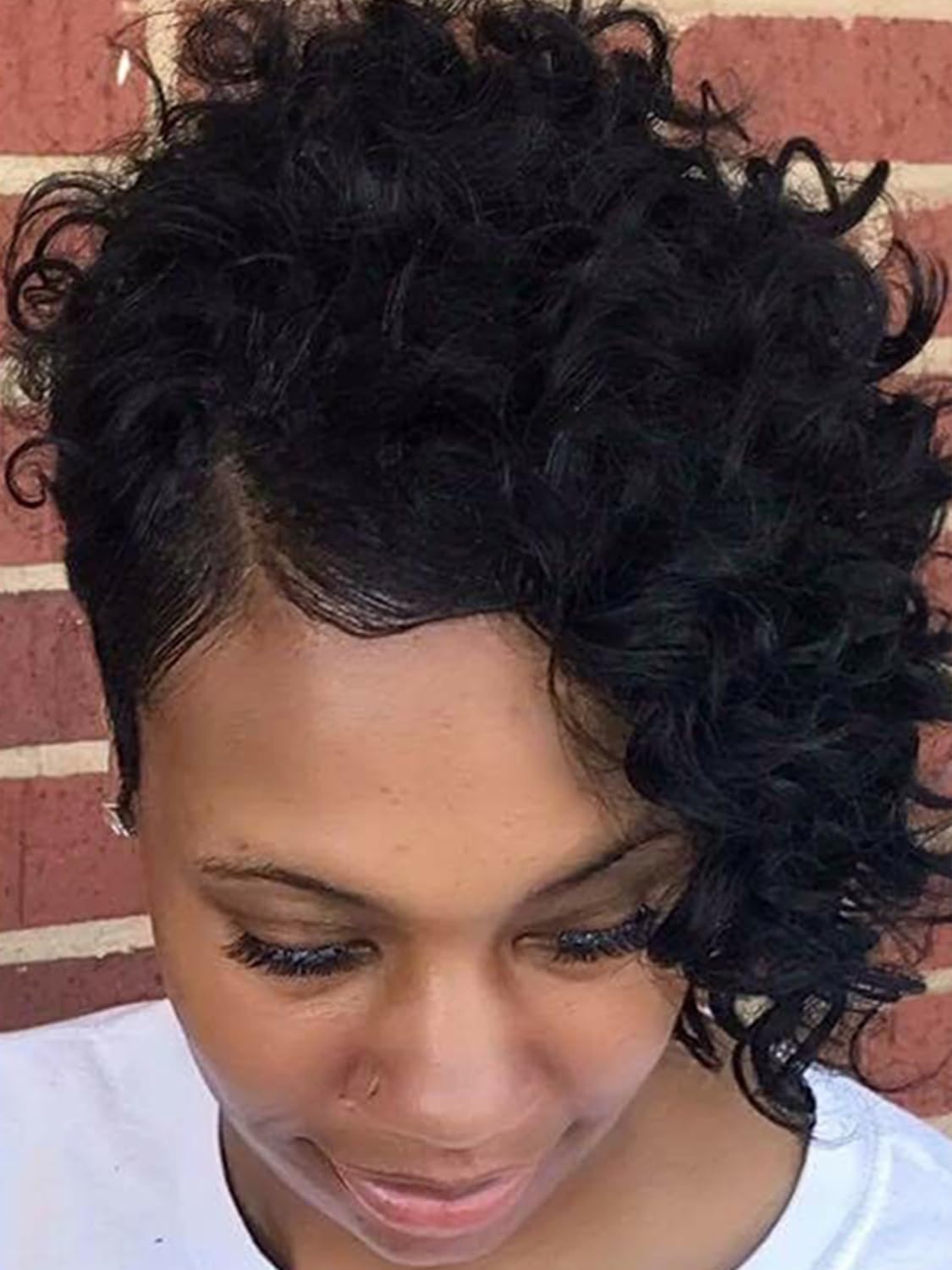 Unipearl short curly pixie wig side view displaying versatile styling options