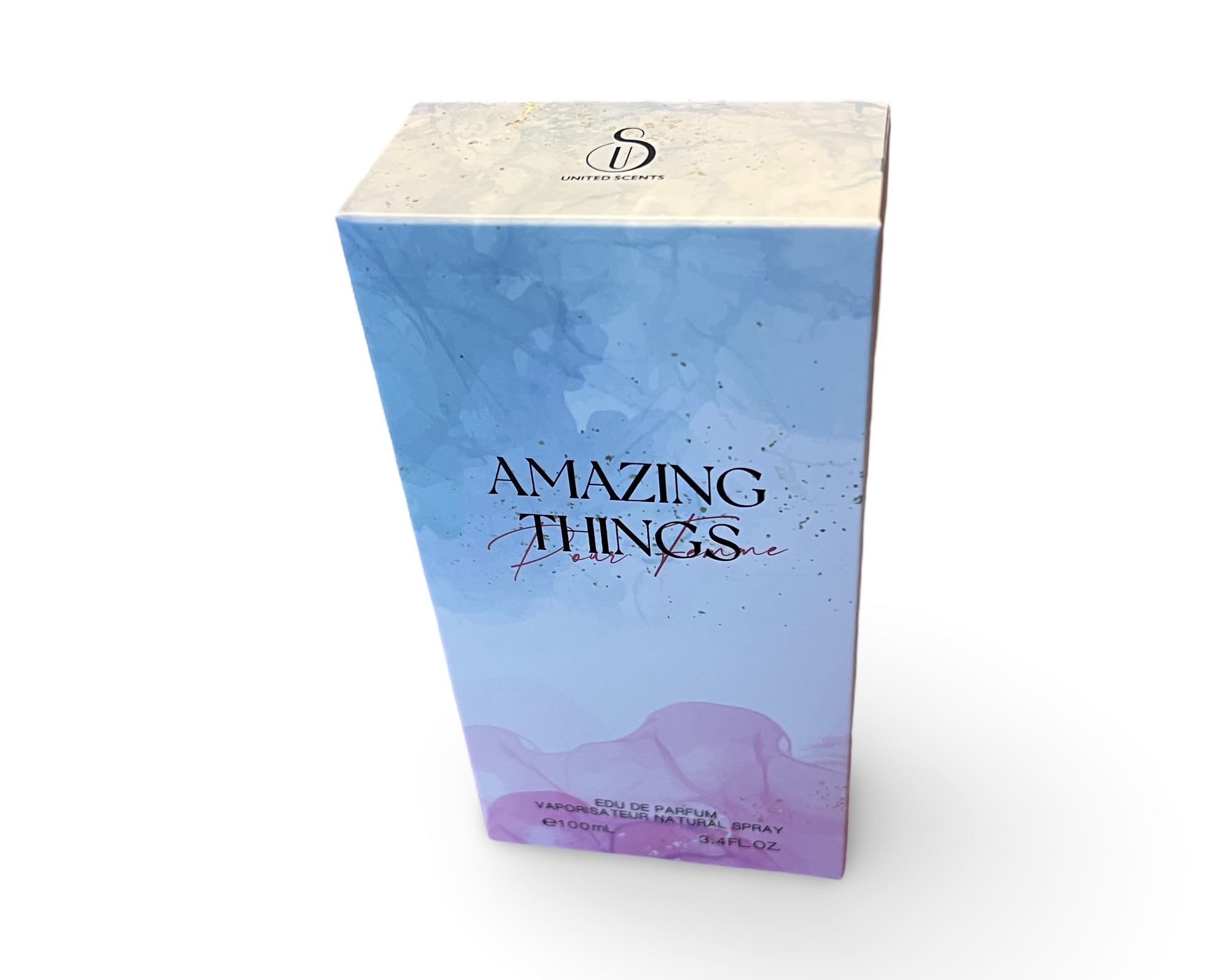 United Scents Amazing Things Pour Femme bottle on vanity adds visual allure to any collection.