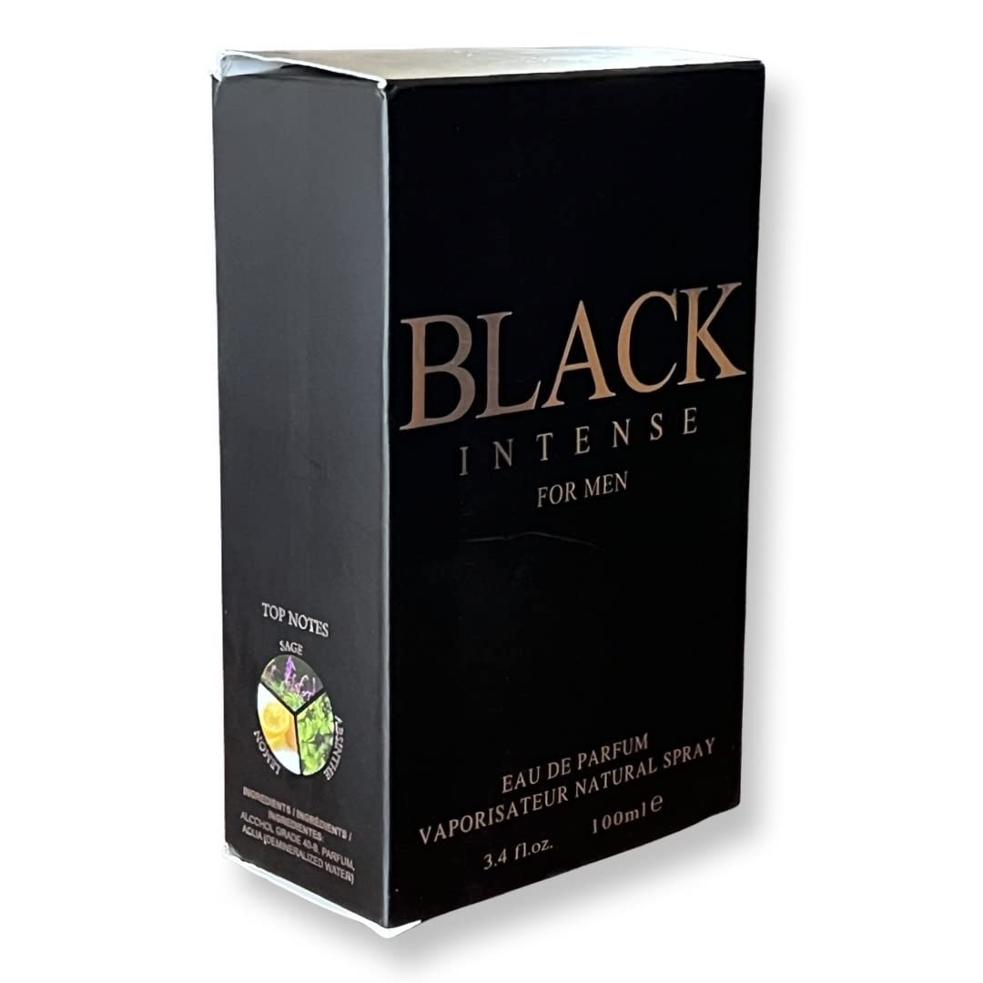 United Scents BLACK INTENSE glass bottle on a vanity, elegant shelf presence.
