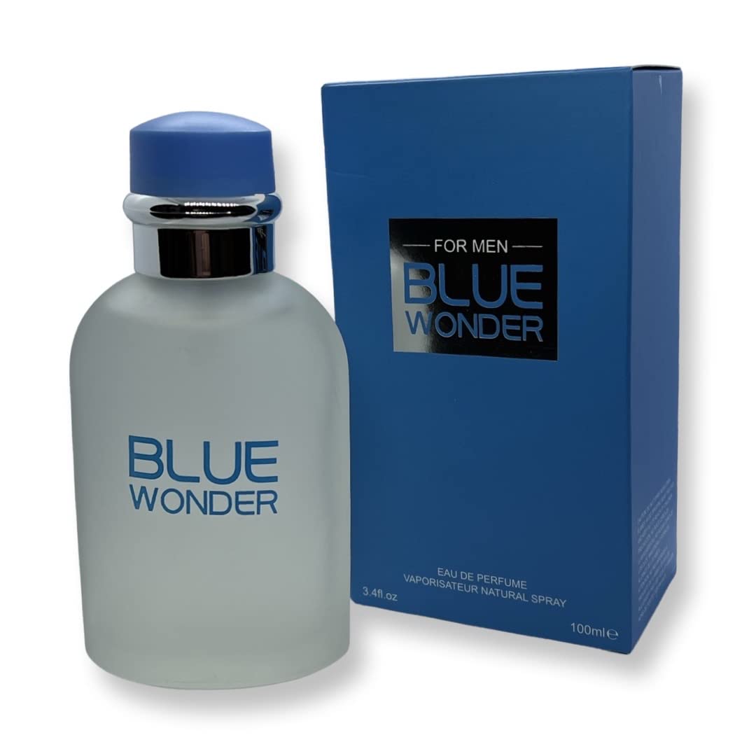 United Scents Blue Wonder label close-up emphasizing quality ingredients and modern branding.