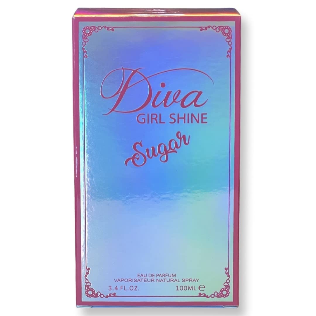 Diva Girl Shine Sugar honeysuckle detail on bottle conveying floral allure.