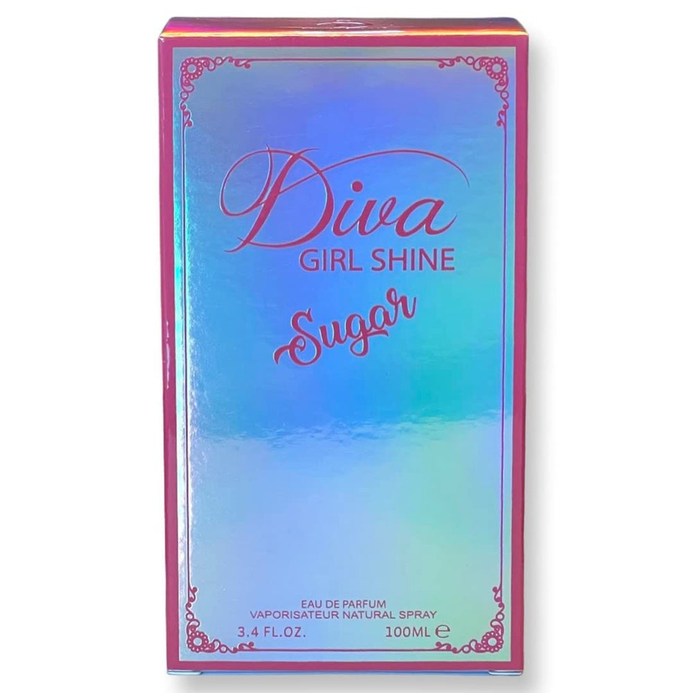 Diva Girl Shine Sugar honeysuckle detail on bottle conveying floral allure.
