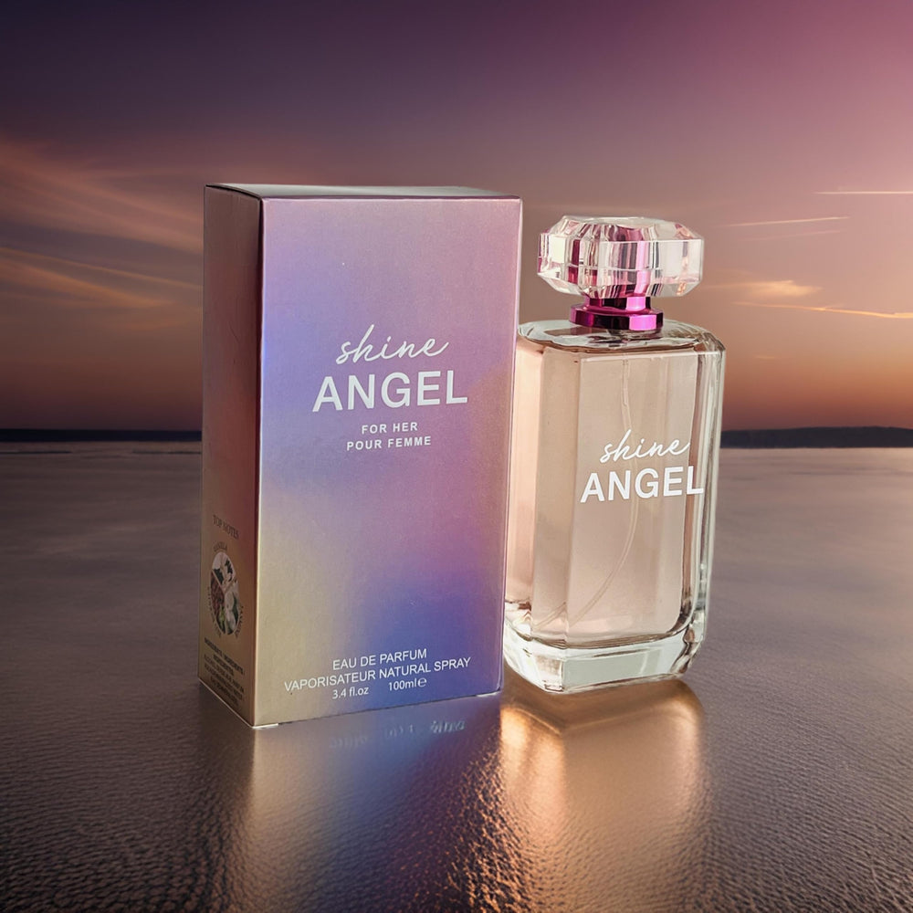 Vanity display with Shine Angel bottle enhancing personal fragrance ritual.