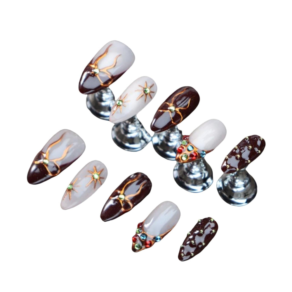UNIYVOH almond press on nails bowknot brown close-up shows durable, salon-ready finish.