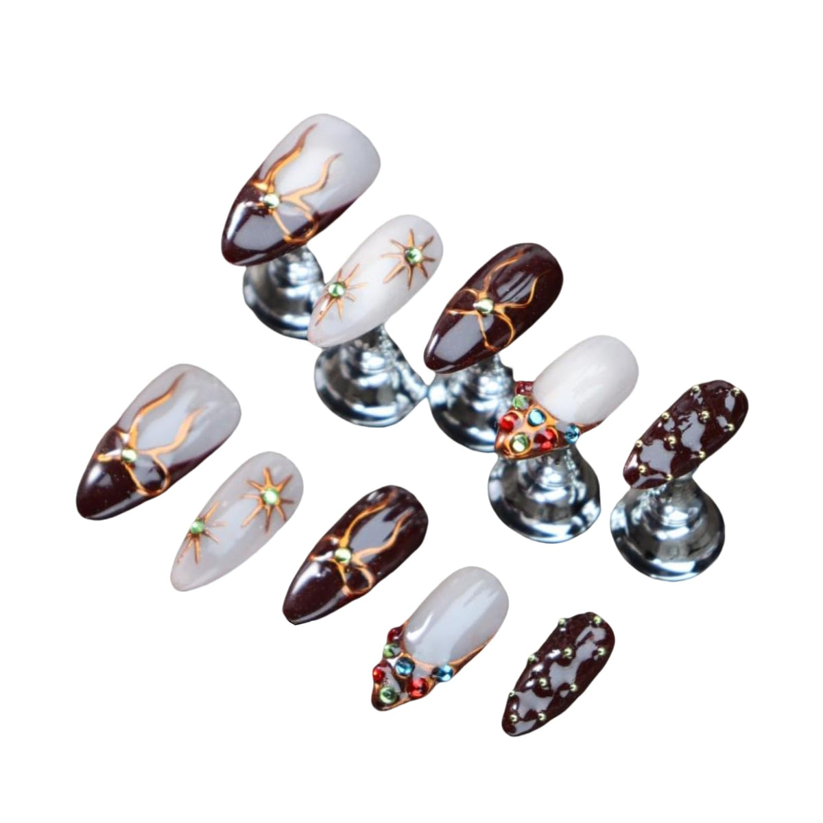 UNIYVOH almond press on nails bowknot brown close-up shows durable, salon-ready finish.