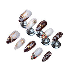 UNIYVOH almond press on nails bowknot brown close-up shows durable, salon-ready finish.
