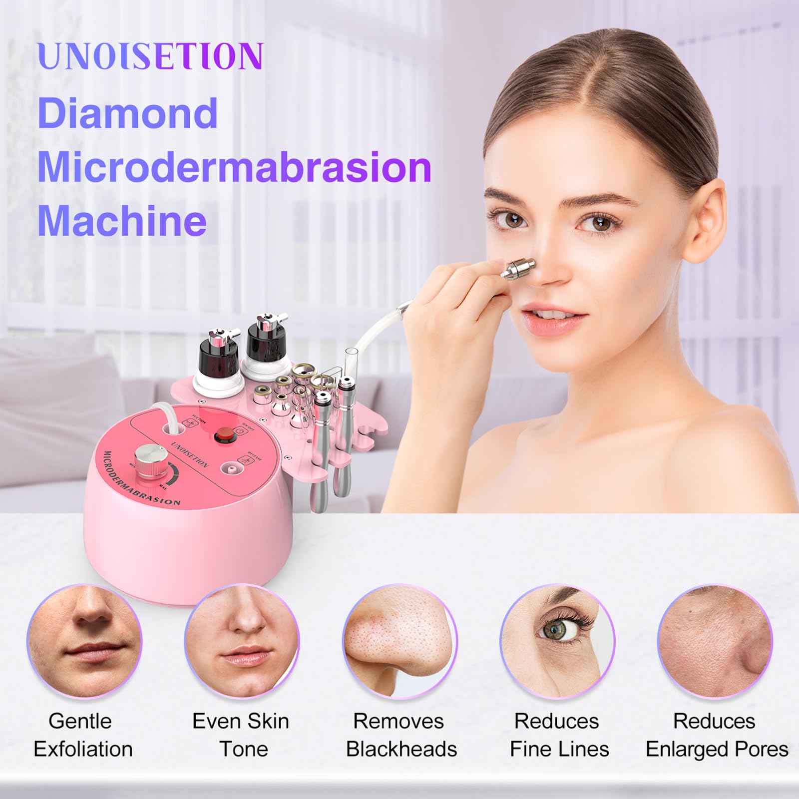 UNOISETION microdermabrasion device front view for at-home spa-quality skincare.