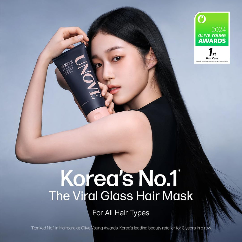 UNOVE Deep Damage packaging display of Korean hair care