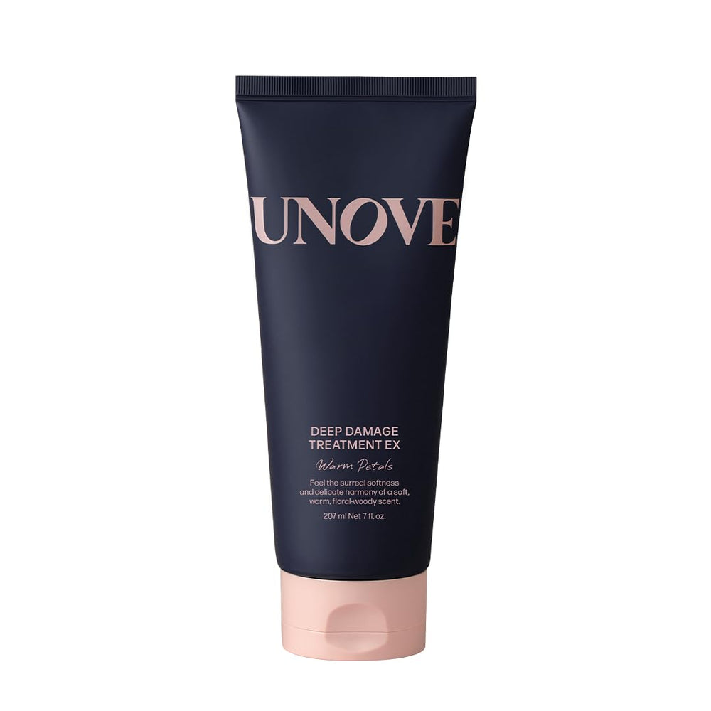 UNOVE Deep Damage Treatment Ex bottle closeup highlighting keratin-rich repair for damaged hair.