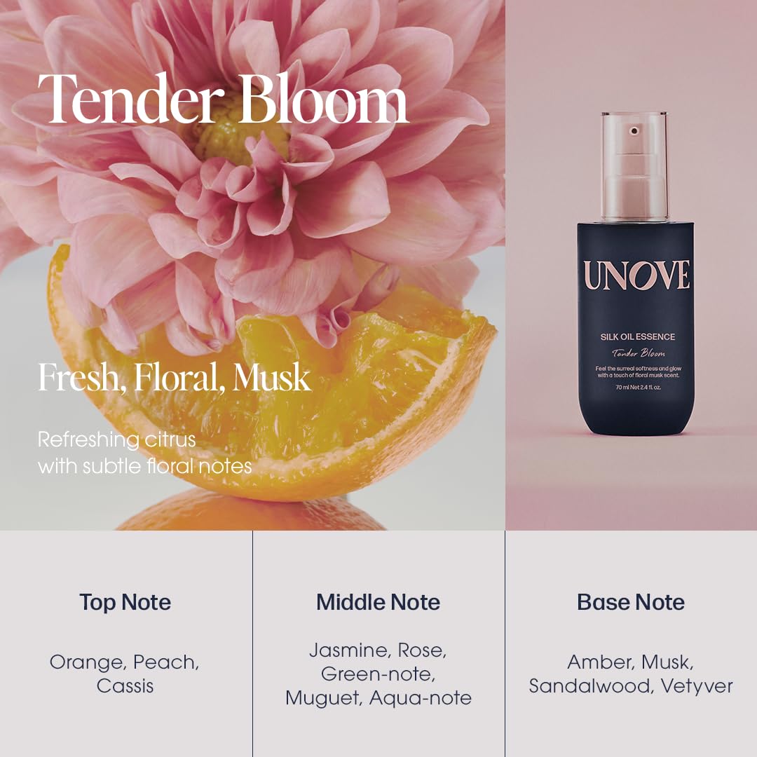 Fragrance notes of floral musk and warm woody tones for UNOVE Silk Oil Essence.