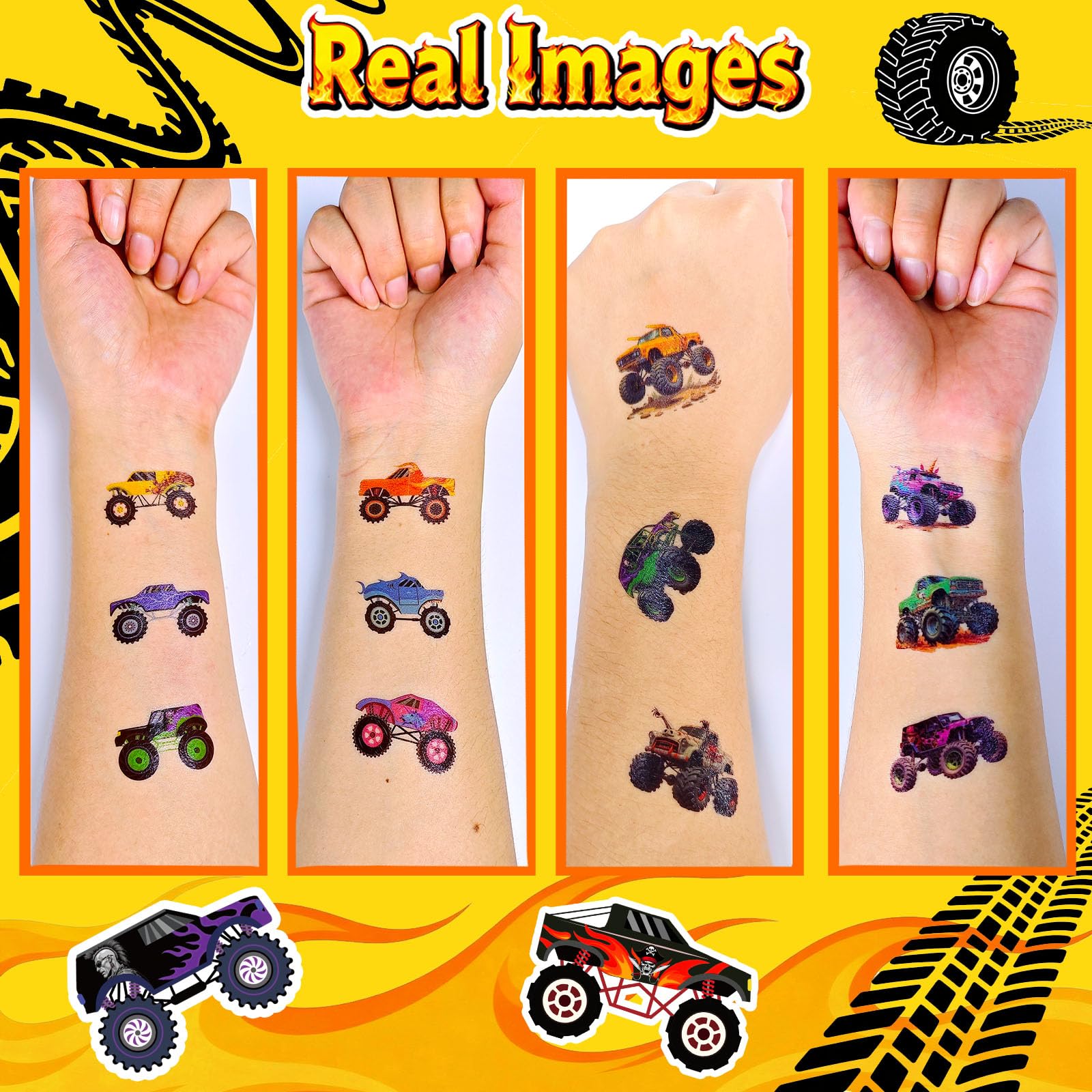 UNQFELENS Monster Truck tattoos decorate laptops and classroom materials.