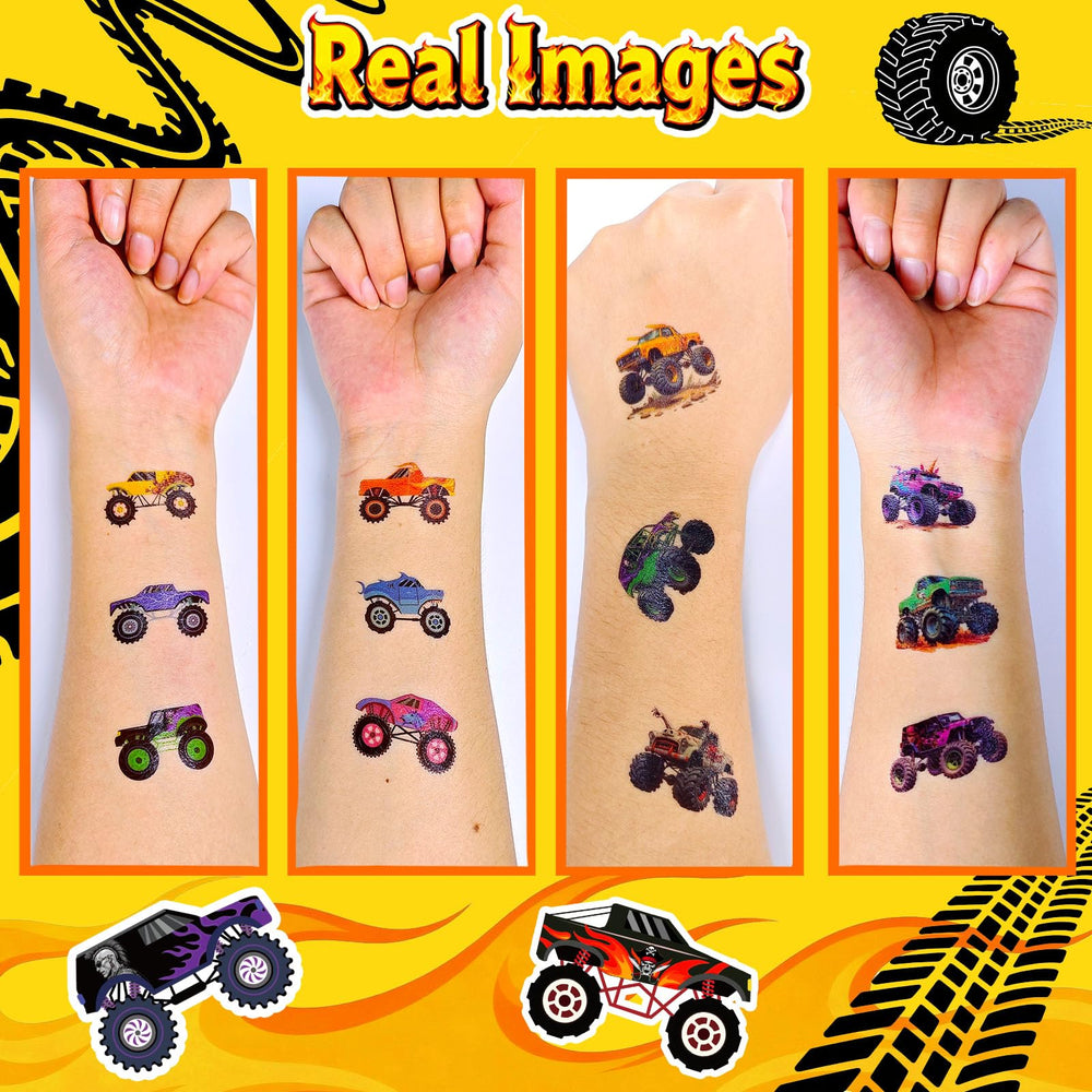 UNQFELENS Monster Truck tattoos decorate laptops and classroom materials.