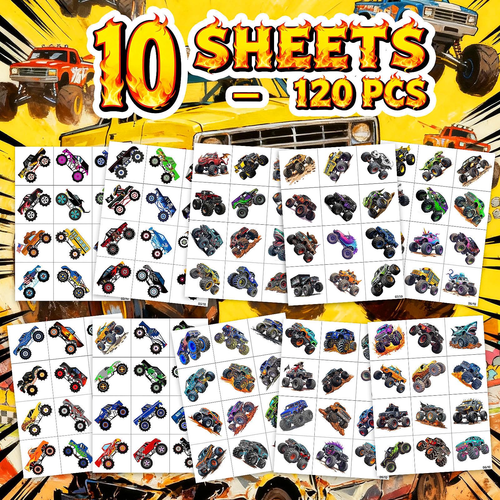 UNQFELENS Monster Truck tattoos displayed as party favors and decor.