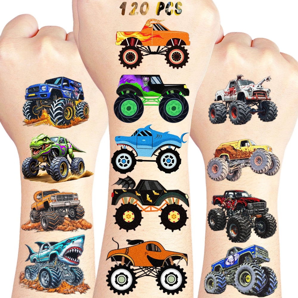 UNQFELENS Monster Truck Tattoos sheets show 120 bold designs for parties.