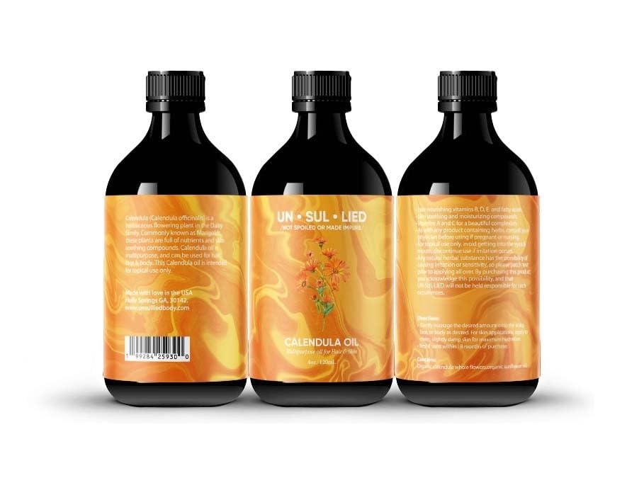 Calm bathroom scene with UNSULLIED Calendula Oil for gentle skincare rituals.