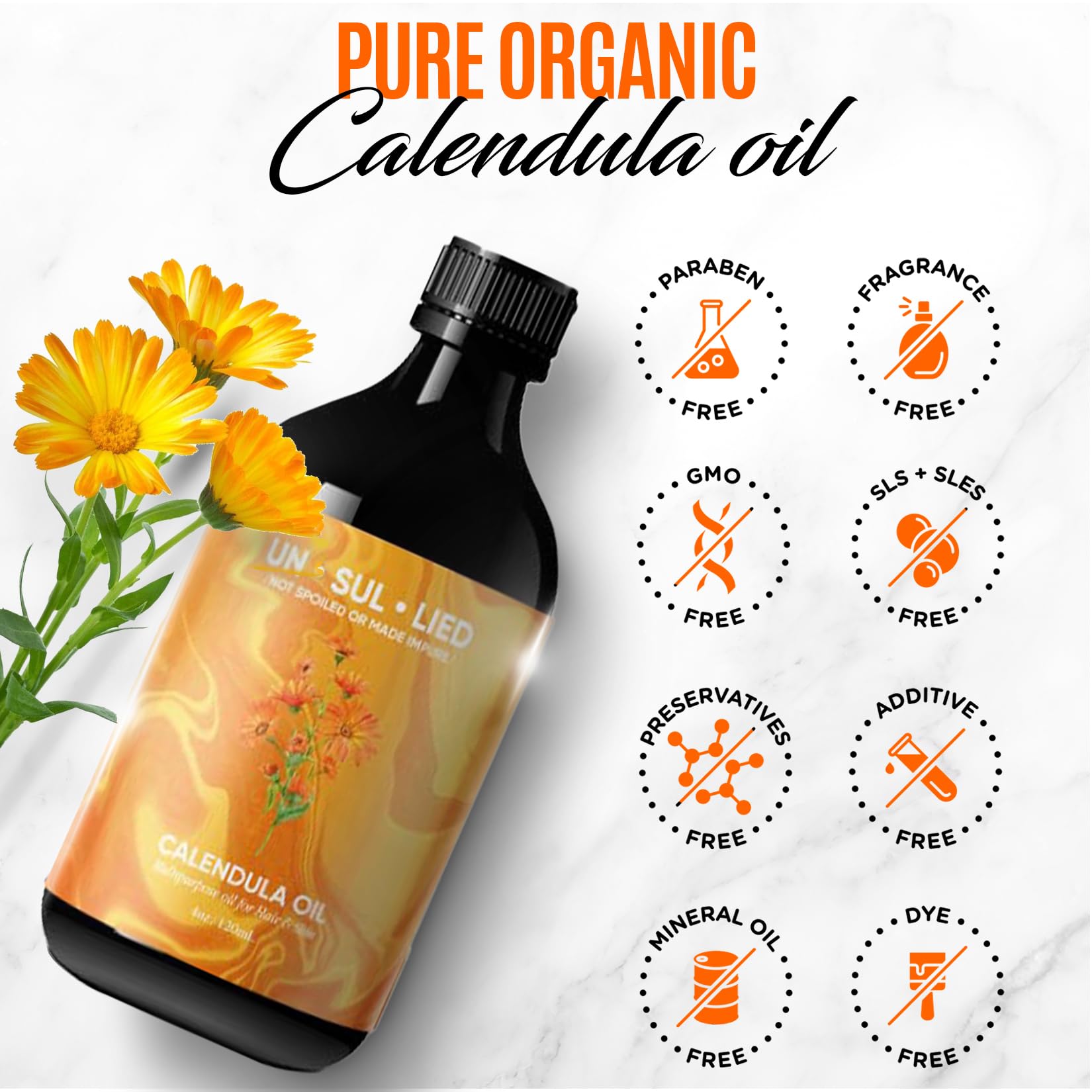 Close-up of UNSULLIED Calendula Oil texture suited for facial care.