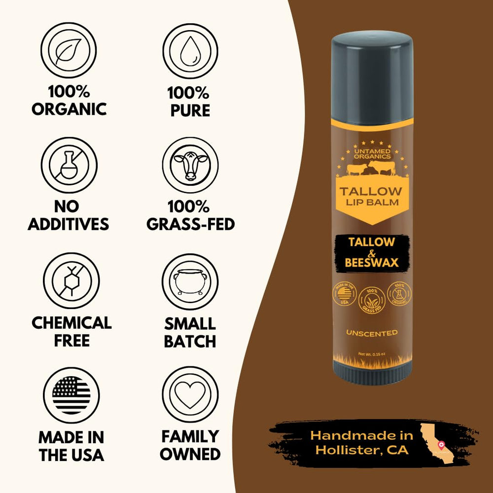 Untamed Organics Pure Tallow Lip Balm handmade in a California facility.
