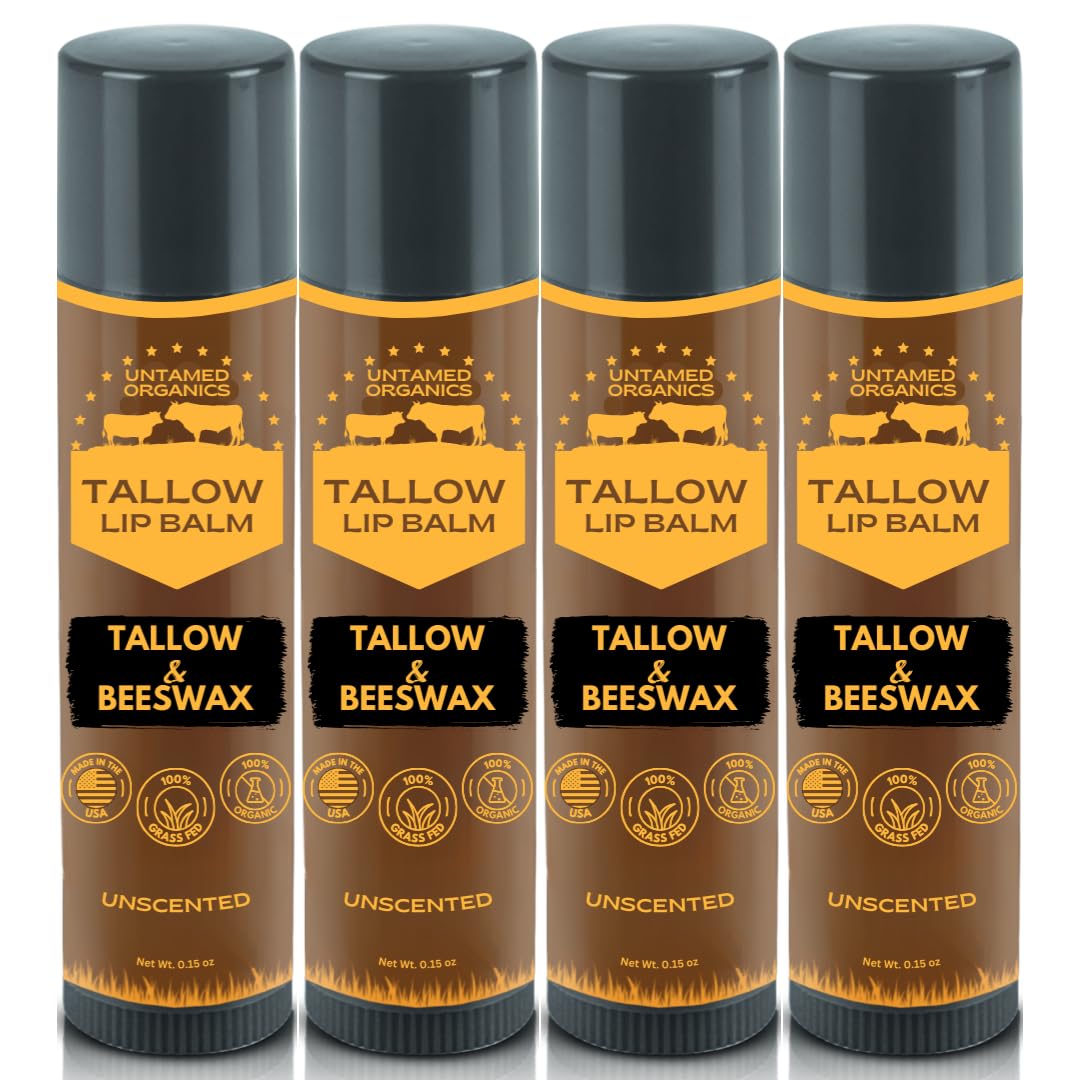 Untamed Organics Pure Tallow Lip Balm packaging close-up, fragrance-free care for sensitive lips.