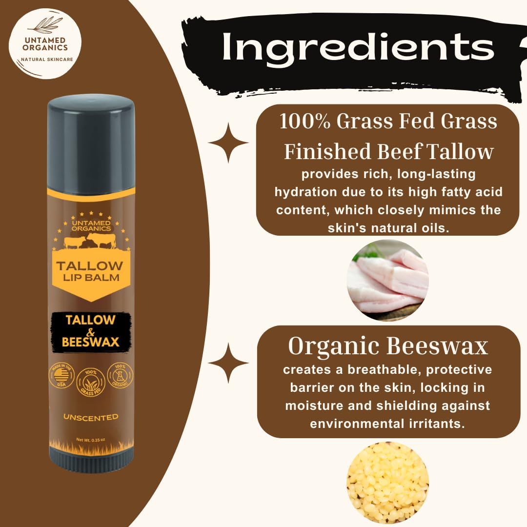 Untamed Organics Pure Tallow Lip Balm tube being applied to hydrate dry lips.