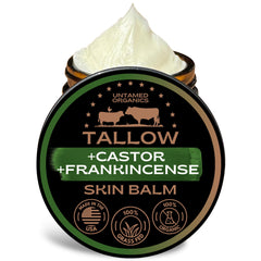 Untamed Organics tallow balm jar provides rich moisture for sensitive skin.