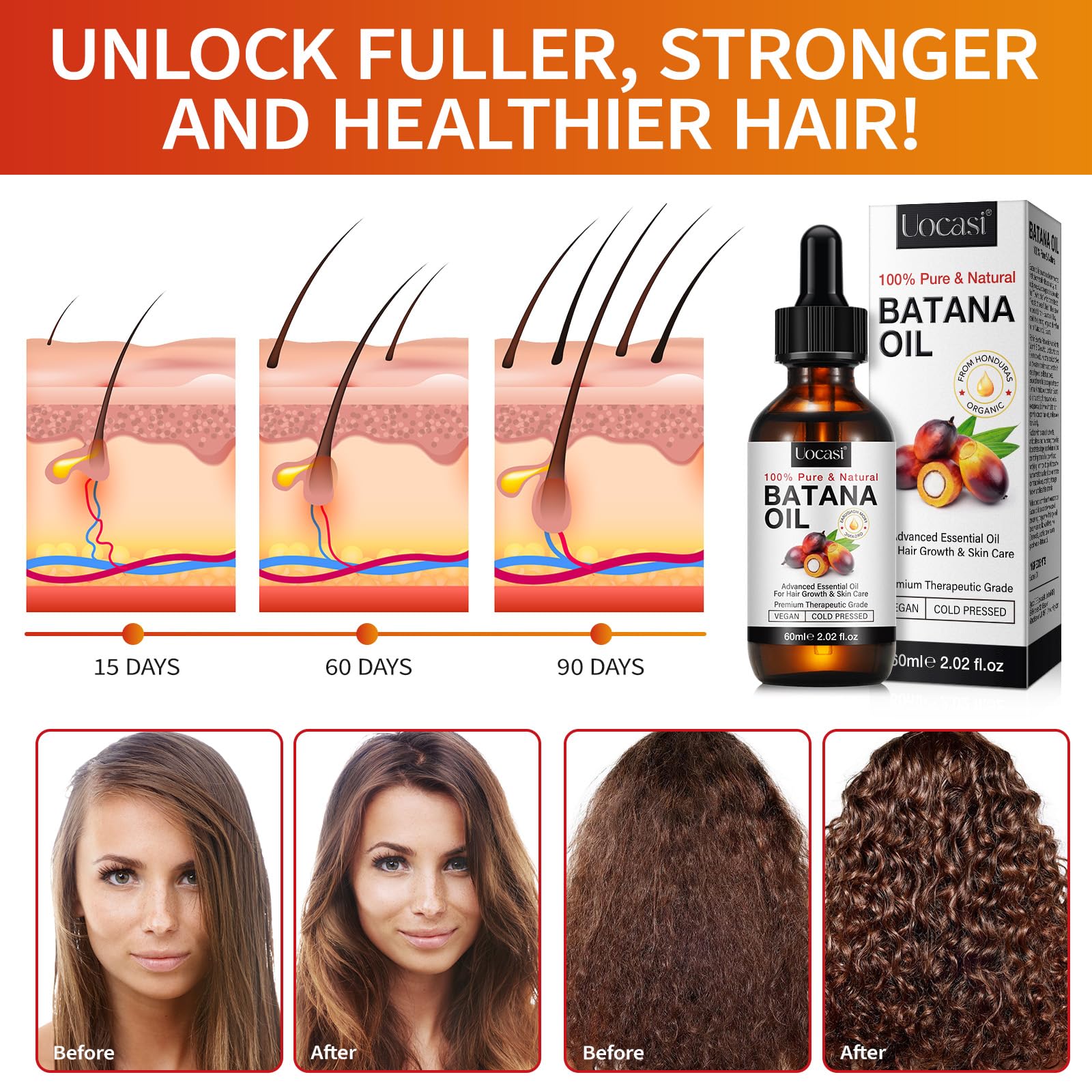 Uocasi Batana oil on glossy hair indicates smoother, more manageable strands.