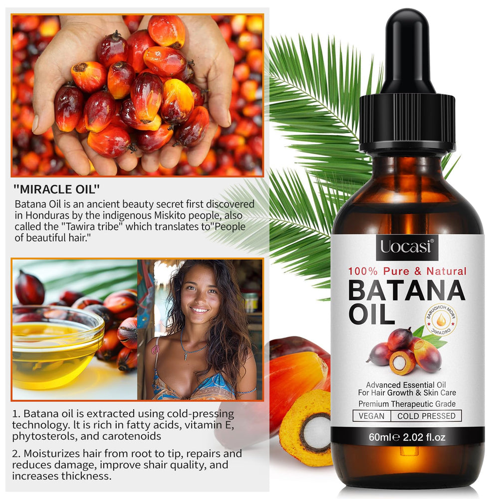 Uocasi Batana oil on hair suggests reduced frizz and added shine.