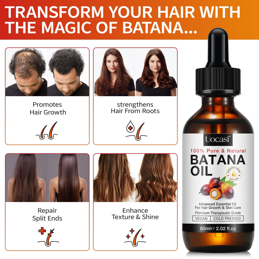 Uocasi Batana oil packaging features natural ingredients and unrefined processing.