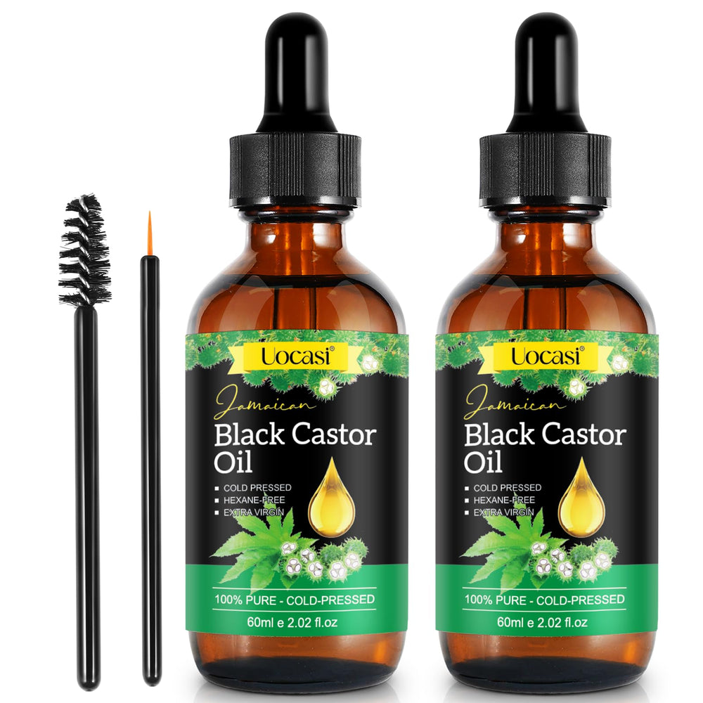 Uocasi Jamaican Black Castor Oil 2-pack bottles promote hair and skin care.
