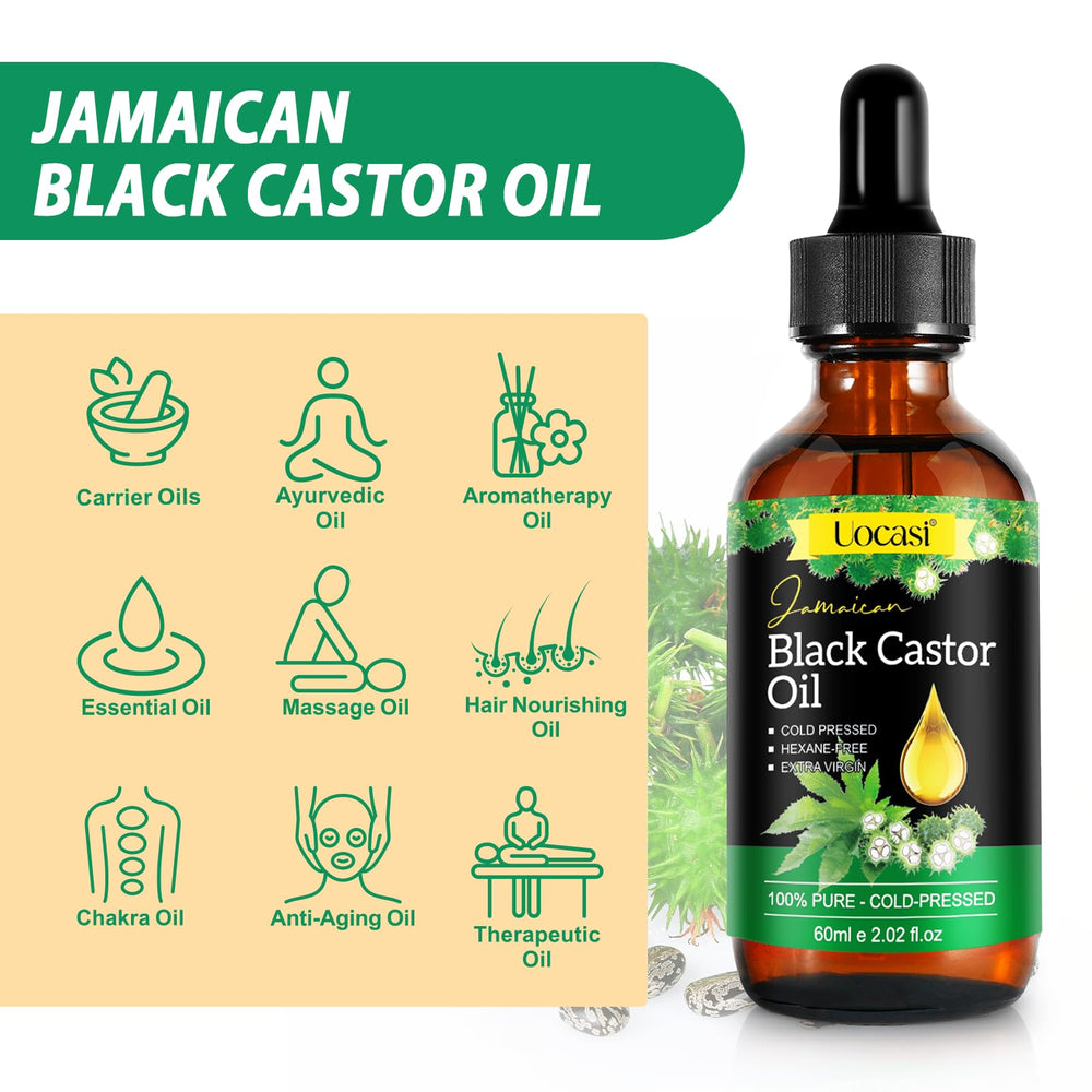 Uocasi Jamaican Black Castor Oil strengthens hair roots and reduces breakage.