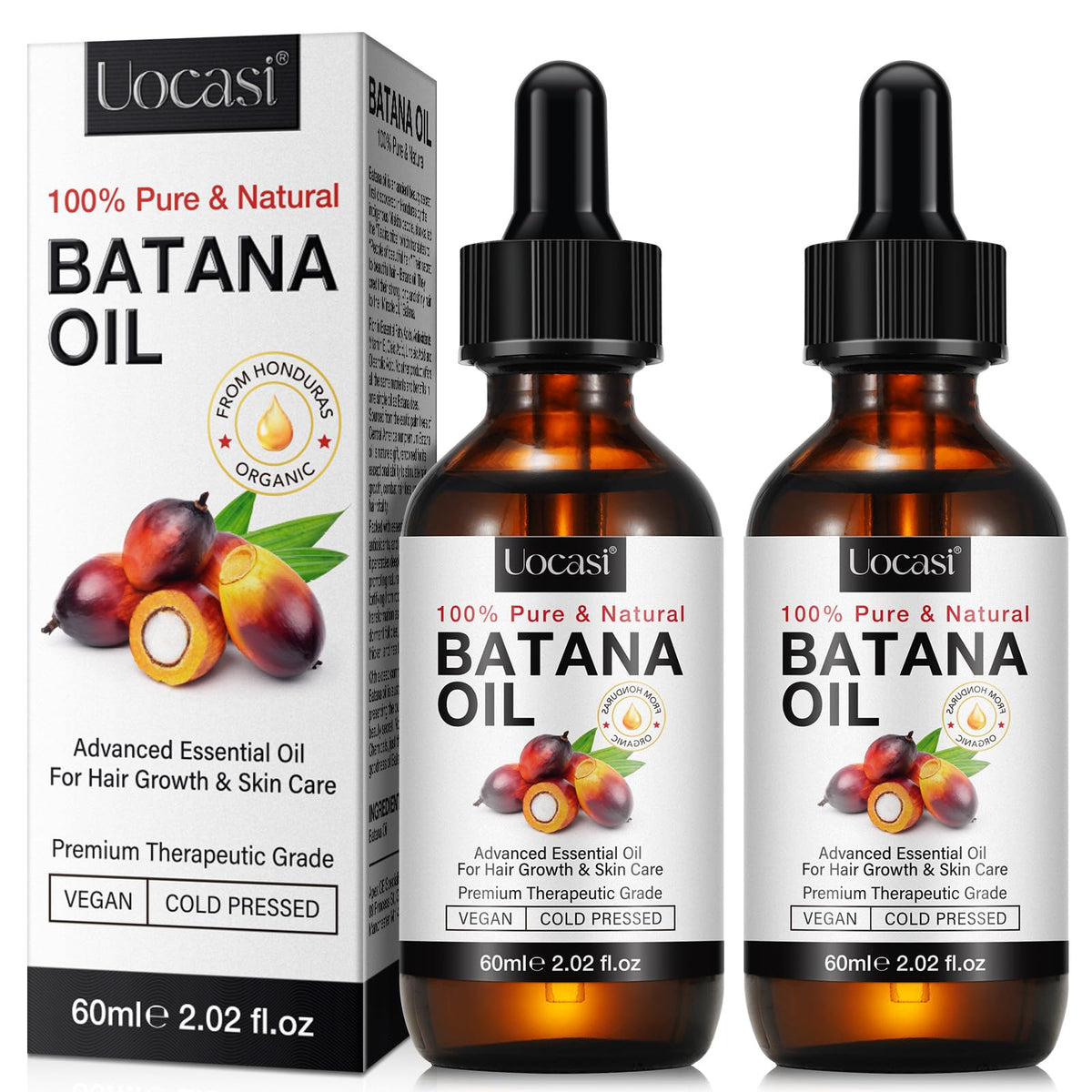 Uocasi Batana oil bottle shows pure, unrefined formula for deep nourishment.