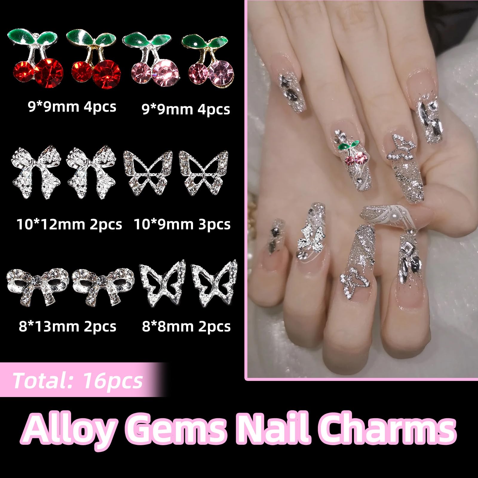 Uotey butterfly cherry 3D nail charms boost decorative flair